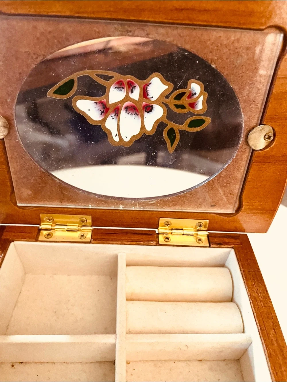 Vintage Jewelry Box with Floral Mirror - Brown